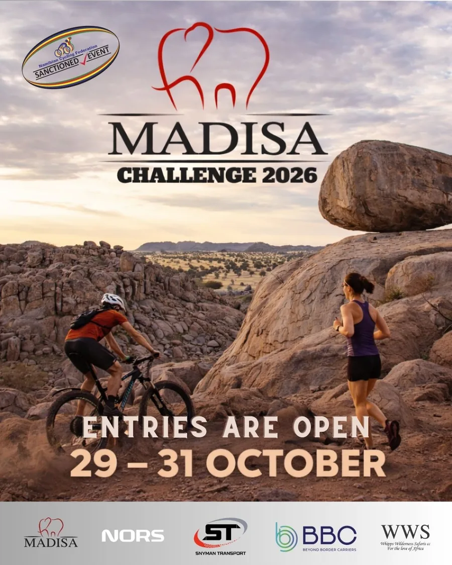 Madisa Challenge 2026 poster showing a mountain biker and trail runner in Damaraland.