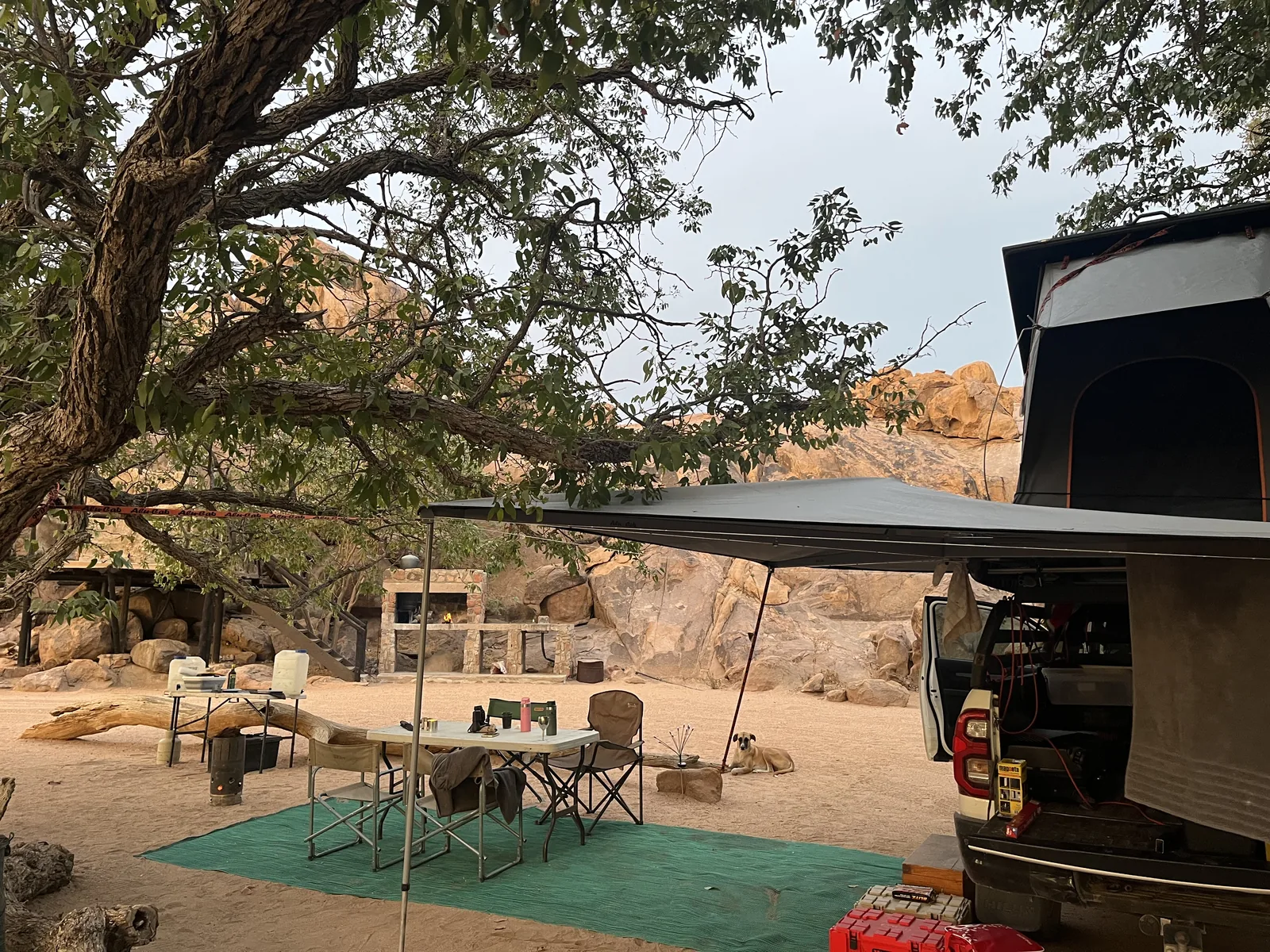 A self-drive camp set up beneath a Mopane tree at a Private Campsite.